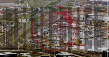 Açılış vuruşu başlatılıyor, dünya soluyor, veri çubukları yükseliyor ve zaman çizgisini gösteriyor. Teknoloji, denizcilik, altyapı, lojistik, dijital, ulaşım, küresel