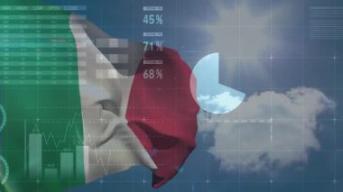 Soldan süzülen İtalyanca üç renkli resimlerle, veri grafikleri pazar verilerini gösteriyor. Vatanseverlik, finans, teknoloji, veri görselleştirme, ilerleme, yenilik, dijital