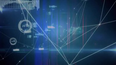 Parlayan merkezi düğüm, beyaz çizgileri kullanarak düğümleri birleştirirken paneller ortaya çıkıyor ve ağları tarıyor. Teknoloji, dijital, ağ, fütüristik, siber güvenlik, veri görselleştirme, arayüz