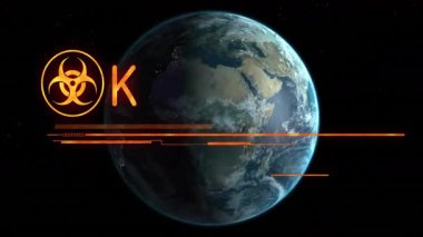 Tehlike anında, 3 boyutlu küre biyolojik tehlike simgesi atıyor, EMERGENCY 'ye dönüşüyor, eylem gerektiren metni arızalıyor. Uzay, dijital, fütüristik, uyarı, teknoloji, alarm, tehlike