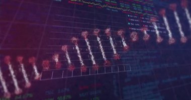 Görüntüye giren 3 boyutlu çubuklar, düzleştirme, etiketleri canlandırma, verileri vurgulayan çizgi grafiği açığa çıkarma. Veri görselleştirme, dijital analitik, hareket grafikleri, teknoloji, fütüristik, bilgi grafikleri, yenilik