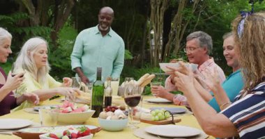 Mutlu kadın ve erkek son sınıf arkadaşlarının bahçede öğle yemeği yediği animasyon. Emeklilik yaşam tarzı, arkadaşlarla kaliteli zaman geçirme.