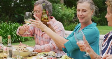 Çeşitli mutlu son sınıf kız ve erkek arkadaşlarının bahçede öğle yemeği yemesi ve şarap dökmesi. Emeklilik yaşam tarzı, arkadaşlarla kaliteli zaman geçirme.