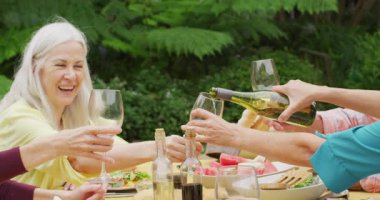 Çeşitli mutlu yaşlı kadın ve erkek arkadaş animasyonları bahçede yemek yiyor, şarap içiyor. Emeklilik yaşam tarzı, arkadaşlarla kaliteli zaman geçirme.