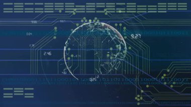 Koyu mavi devre ile başlayan cam kaplama 3D küre dönen ve akışları ortaya çıkaran düğümler. Teknoloji, yenilik, dijital, veri, ağ, siber alan, bağlantı