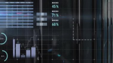 Üst sol kayan veri tablosu çevirme işlemleri başlatılıyor harita grafikleri karanlık ızgara boyunca görüşleri gösteriyor. Analizler, gösterge paneli, görselleştirme, bilgi grafikleri, ilerleme, arayüz, dijital