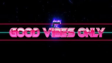 Yıldız parçacıkları sürüklenirken, neon metin İyi VİBİS sadece kozmik markalaşma uygulaması için görünür hale gelir. Fütürist, enerjik, soyut, dinamik, gece hayatı, enerjik, teknoloji