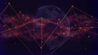 Yıldız alanı küresi açılıyor, havada asılı duran ağ kırmızı akım akış kodu verileri görüntülemek için kaydırılıyor. Fütürist, dijital, siber, soyut, teknoloji, yenilik, bilim kurgu
