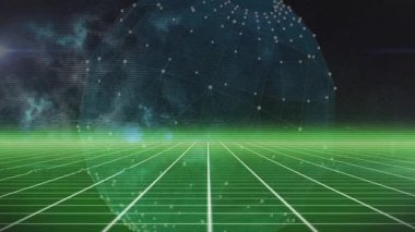 Neon şebekesinin yoğunlaşması küreyi dijital demo için arıza darbeleriyle görünür ve döndürür. Fütürist, siber uzay, holografik, titreşimli, dalgın, soyut, dijital sanat