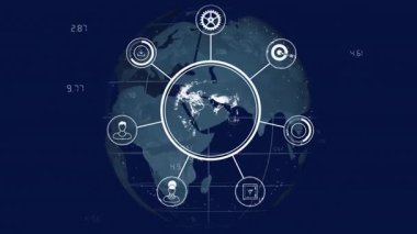 Dönen dünyanın üzerinde parlak bir merkez beliriyor, ikonları yayıyor ve dönüştürüyor, veri ağını görselleştiriyor. Teknoloji, bağlantı, dijital, yenilik, veri, sinyal, ağ