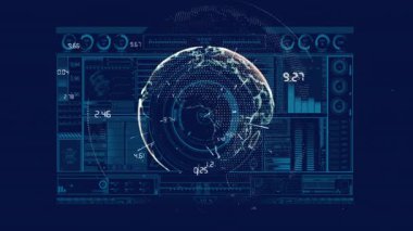 Gösterge paneli titreşimi 3 boyutlu dünyayı canlandırıyor ve canlı veri görselleştirmesi için döndürüyor. Etkileşimli, geleceksel, yenilikçi, analitik, dijital, hassas, teknoloji