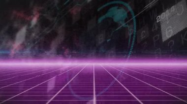 CRT arızası başlıyor. Holografik Dünya, mor ızgara üzerinde yükseliyor. Dönüyor ve zaman çizgisini takip ediyor. Fütürist, siber punk, dijital, soyut, teknoloji, sanal, neon