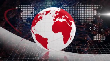 Fırlatmada 3D kırmızı-beyaz küre dönüyor, yakınlaşıyor ve veri içgörüsü için kıtaları gösteriyor. Coğrafya, teknoloji, yenilik, görselleştirme, veri, analitik, dijital sanat