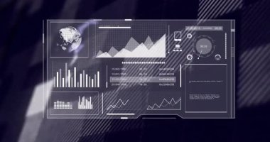 Gösterge panelinin arkasında büyüyen ve dönen ve veri güncelleyen 3 boyutlu küre olarak parlayan ve çubuklar kayan ana hatlar. Analizler, görselleştirme, arayüz, teknoloji, veri, yenilik, fütürizm