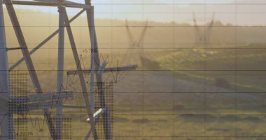 Modern bina ve sütunlar üzerinde veri işleme görüntüsü. Çevre yenilenebilir enerji ve sürdürülebilirlik kavramı dijital olarak oluşturuldu.