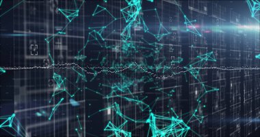 Siyah arkaplan üzerindeki bağlantı ağının resmi. Küresel bağlantılar, veri işleme ve dijital arayüz konsepti dijital olarak oluşturulmuş resim.