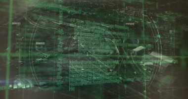 Şehir manzarasının havadan görüntüsü üzerinden tarama ve veri işleme görüntüsü. Bilgisayar arayüzü ve iş teknolojisi kavramı