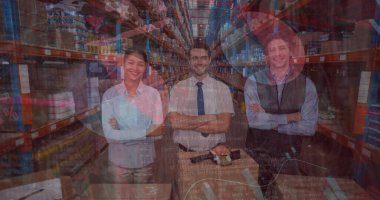 Depodaki çeşitli işçilerin veri işleme görüntüsü. küresel iş ve dijital arayüz kavramı dijital olarak oluşturulmuş görüntü.