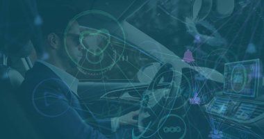 Beyaz adamın araba kullanması ile ilgili bağlantılar ve ikonlar. Ulaşım, iş, finans ve teknoloji konsepti dijital olarak oluşturuldu.