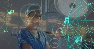 Kafkasyalı kadın doktor üzerinden iletişim ağı görüntüsü. Ağ, tıp, sağlık, iletişim ve teknoloji konsepti dijital olarak oluşturulmuş görüntü.