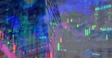 Birçok değişen numara ve yüksek binaya karşı finansal veri işleme. Küresel ekonomi ve iş teknolojisi kavramı