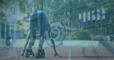 Engelli Afro-Amerikan erkek koşucunun veri işleme görüntüsü. Küresel spor ve dijital arayüz kavramı dijital olarak oluşturulmuş görüntü.