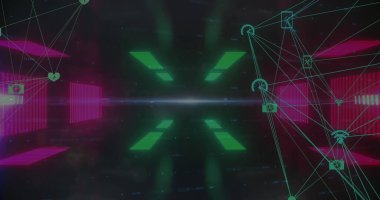 Finansal veri işleme ve parlayan tünele karşı dönen dijital ikon küreleri. Bilgisayar arayüzü ve iş teknolojisi kavramı