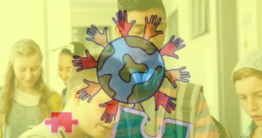 Çeşitli öğrencilerin üzerindeki bulmaca ve dünya görüntüsü. Küresel eğitim ve dijital arayüz kavramı dijital olarak oluşturulmuş görüntü.