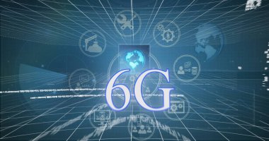 İş ve veri paylaşım simgeleri ve veri işleme ile 6G metin resmi. İş, küresel iletişim ve dijital arayüz kavramı dijital olarak oluşturulmuş vide