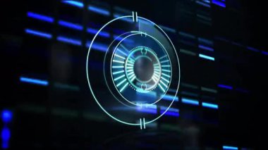 Şebeke soluk holografik arayüzü, dönen halkalar yanan kavisler, titreşen çizgiler sürükleniyor. Gelecekçi, teknoloji, arayüz, dijital, animasyon, bilim kurgu, siber