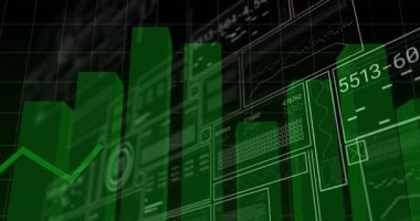 3D ızgara görünürken, yeşil çubuklar yükselirken, çizgi grafiği sallanırken UI panelleri metrik güncellerken. Veri analizi, dijital arayüz, veri görselleştirme, bilgi, teknoloji, iş zekası, modern tasarım