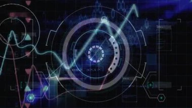 Renkli dalga biçimi karanlık ızgarayı aşıyor HUD titreşimleri ve taramaları başlatıyor, değişen verileri görselleştiriyor. Futuristik, arayüz, dijital, veri, görselleştirme, teknoloji, yüksek teknoloji