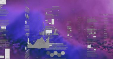 Kamera görüntüsünü kaydırmak, panellerin kaymasına, grafiklerin titremesine, verileri görselleştirmek için pasta paylaşımına neden olur. Holografik, fütüristik, veri görselleştirme, soyut, dijital, analitik, teknoloji