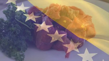 Bayrak kaplaması somon balığı ve maydanozlu mutfak temalı tabağa kayıyor. Deniz ürünleri, aşçılık, sashimi, garnitür, taze, canlı, sunum