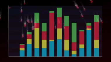 Veri güncelleme çubuğu çizelgesinde sola kayıyor, bir çubuğa küçülüyor, ikili yağmur akışı sırasında sıfırlanıyor. Dijital görselleştirme, veri analizleri, hareket grafikleri, fütüristik arayüz, bilgi teknolojisi, neon tarzı, dinamik görüntü