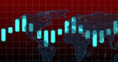 Koyu kırmızı harita ortaya çıkıyor, Cyan veri çubukları ortaya çıkıyor, büyüyor ve gerçek zamanlı ölçümler gösteriyor. Veri görselleştirme, dijital arayüz, küresel analitik, bilgi teknolojisi, yüksek teknoloji tasarımı, fütüristik grafikler, veri analizi
