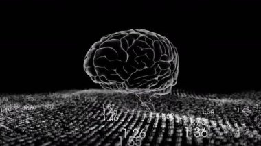Başlangıçta, saydam üç boyutlu beyin modeli titreşen sayısal ızgara üzerinde dönüyor ve veri akışını gösteriyor. Gelecek, teknoloji, yenilik, dijital, sinirsel, veri, soyut