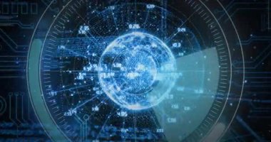 Ortaya çıktıktan sonra, parlayan küre veri içgörüsü için dönen kama ve titreşim ızgarası ile veri taraması yapıyor. Fütürist, holografik, veri, teknoloji, arayüz, dijital, bilim kurgu