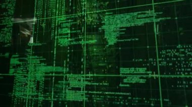 Başlangıç sinyalinden sonra, sistem başlatma için ızgara arayüzü boyunca parlayan yeşil kod. Teknoloji, siber güvenlik, dijital, geleceksel, veri, bağlantı, sibernetik