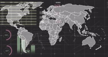 Dünya haritası açılıyor konsolmuş başlık tablosu ve yanıp sönen grafiklerle gösterge paneli güncellemesi başlıyor. Teknoloji, analitik, görselleştirme, istatistik, finans, dijital, veri güdümlü