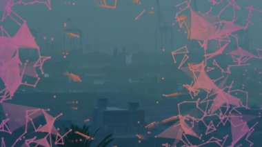 Pembe telli üçgenler kenarlarda beliriyor ve sisli ufuk çizgisinde içe doğru titreşiyor. Fütürist, soyut, teknoloji, veri, dijital, yenilik, enerjik