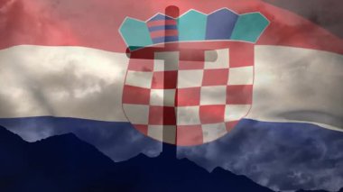 Bayrak hareketini başlatan esinti, Hırvat bayrağı mirası dalgalandırırken çaprazlama hareket ediyor. Miras, vatanseverlik, manzara, amblem, sembolizm, esneklik, gelenek.