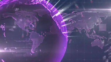 Döndükten sonra mor noktalı dünya dönüyor, titreşen ışınlar, küresel veri akışını gösteren halka örtüsü. Teknoloji, siber uzay, veri, yenilik, bağlantı, gelecek, dijital