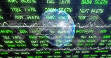 Küre ortaya çıkıyor, karanlık ızgarada dönüyor, kalpler güncelleniyor ve dünya eğilimlerini göstermek için grafik salınıyor. Küresel, analitik, görselleştirme, teknoloji, veri, finans, dijital