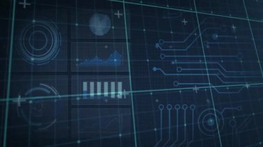 Karanlık ızgara ve HUD panelleri tarama için çapraz hat ışıklandırma düğümlerini çalıştırıyor. Fütürist, sürükleyici, dijital, yüksek teknoloji, arayüz, yenilik, görselleştirme