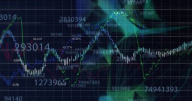 Finansal veri işleme görüntüsü koyu arkaplanda parlayan şekiller üzerinde. Küresel bilim, bağlantılar, veri işleme ve dijital arayüz kavramı dijital olarak oluşturuldu.