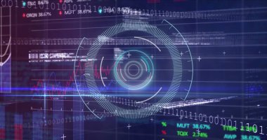 Neon yuvarlak tarayıcı üzerinde borsa veri işleme ve mavi arkaplan üzerinde veri işleme. İş teknolojisi kavramı