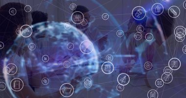 Dünya üzerindeki simgelerle bağlantı ağının resmi. Bağlantılar ve teknoloji konseptinden oluşan küresel iş ağı dijital olarak oluşturuldu.