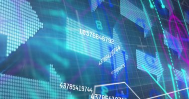 Mavi arkaplandaki ızgara üzerinden veri işleme ve istatistiklerin resmi. Küresel iş bağlantıları dijital arayüz ve teknoloji konsepti dijital olarak oluşturulmuş görüntü.