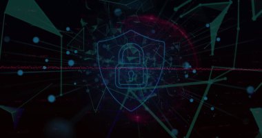 Güvenlik asma kilit simgesi, siyah arkaplanla olan bağlantıları engelliyor. Küresel ağ ve siber güvenlik teknolojisi kavramı